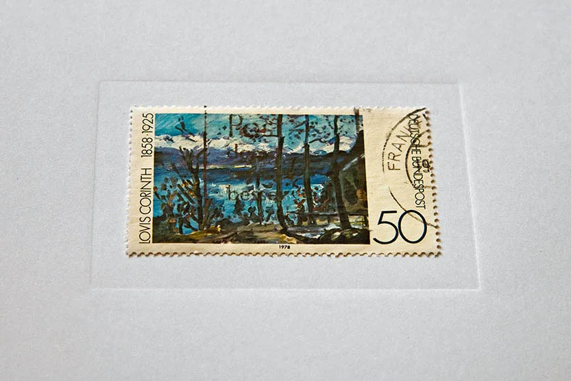 Nahaufnahme einer gestempelten Kunst-Briefmarke nach einem Landschaftsgemälde von Lovis Corinth, Deutsche Bundespost 1978