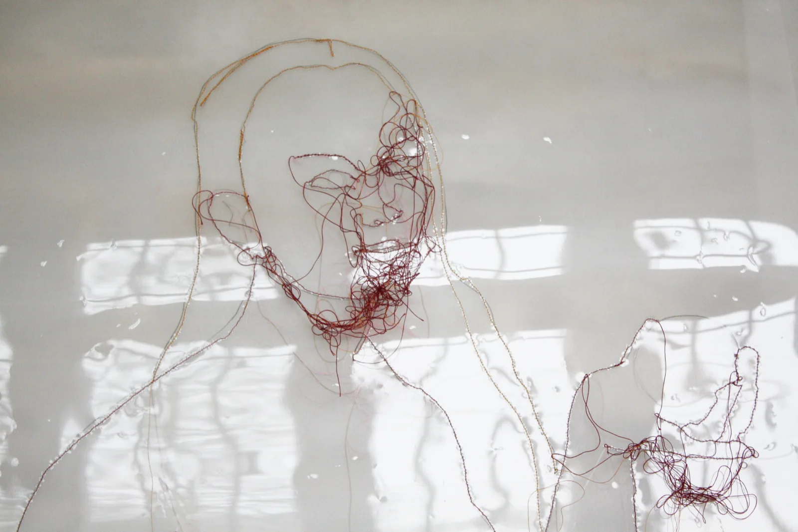 EVA DOLOROSA I, Detail — ein Kopf aus dunkelroten genähten Linien auf Folie, darin spiegeln sich Fenster