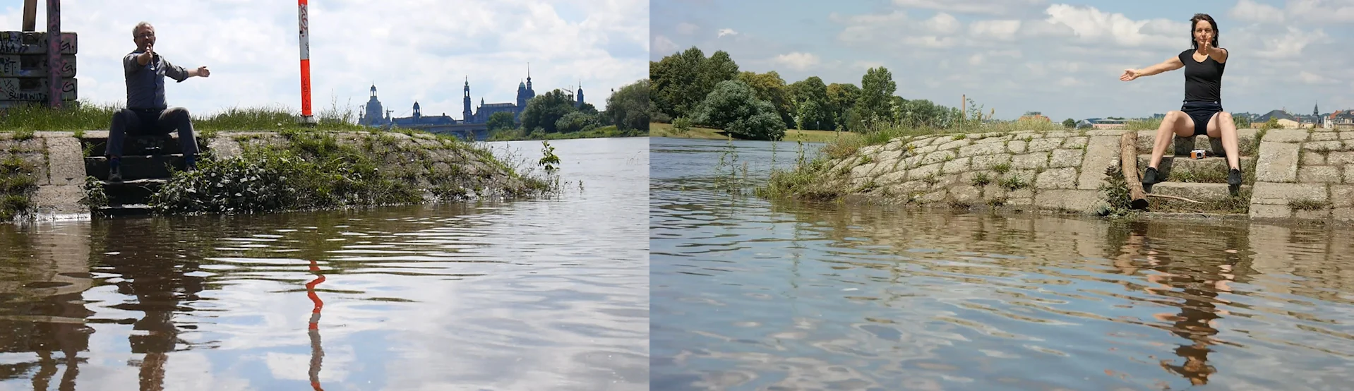 HÖHERWASSERDUETT — Standbild: links und rechts je eine Person auf den Steinen am Elbufer, getrennt durch das Hochwasser, beide in derselben Haltung, im Hintergrund die Dresdner Altstadt; startet das Video