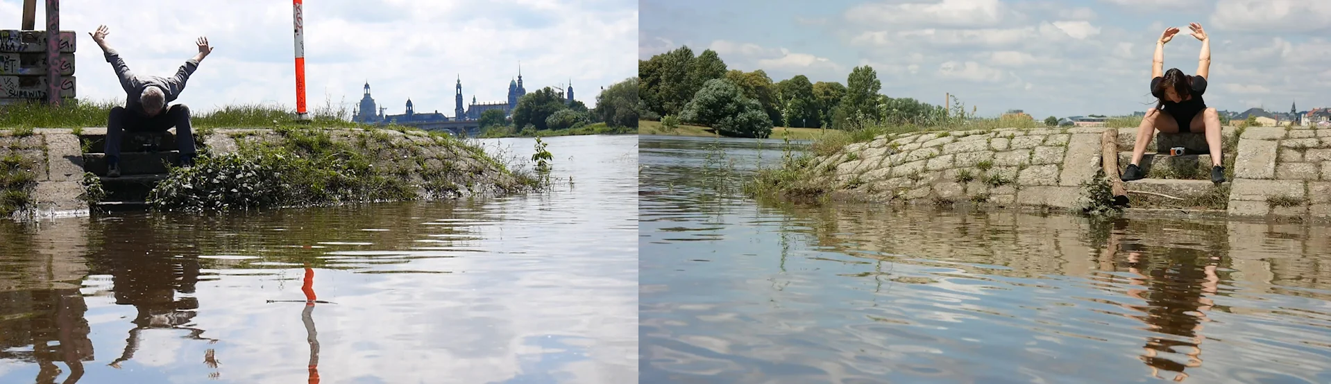 HÖHERWASSERDUETT — beide strecken die Arme seitlich aus, Standbild aus dem Video