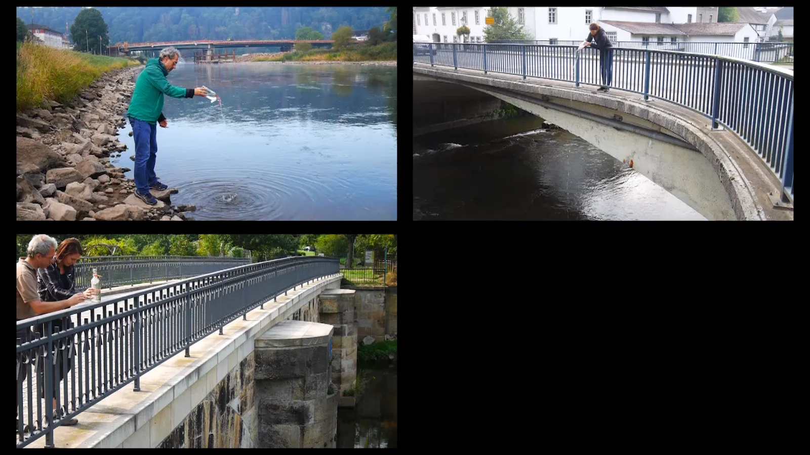 NEHMEN UND GEBEN — drei Bildfelder: Wasser wird am Ufer und von einer Brücke in den Fluss gegeben; startet das Video