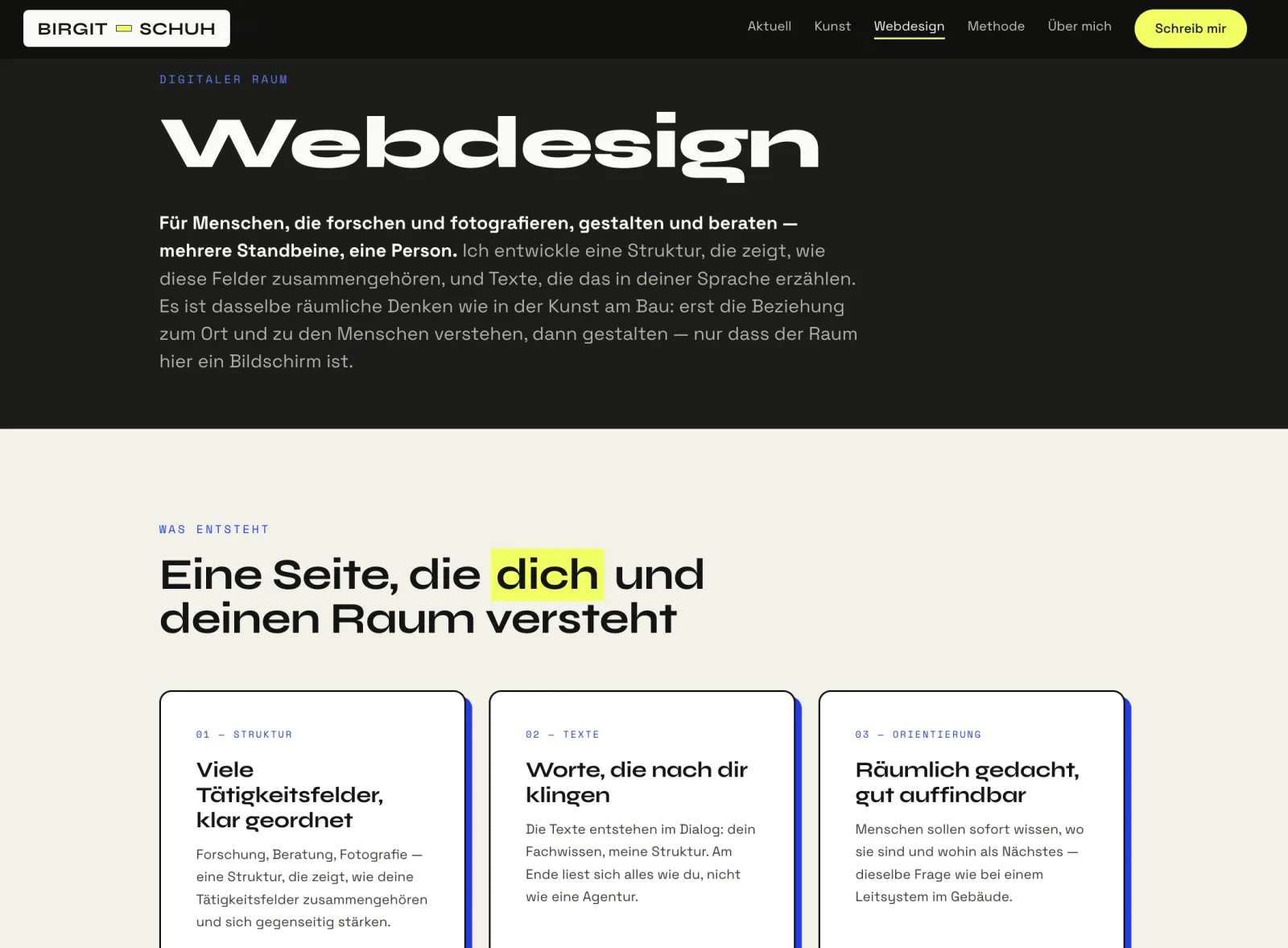 Bereichsseite Webdesign auf birgit-schuh.de — Hero „Webdesign“ und Karten „Eine Seite, die zu dir passt — nicht von der Stange“
