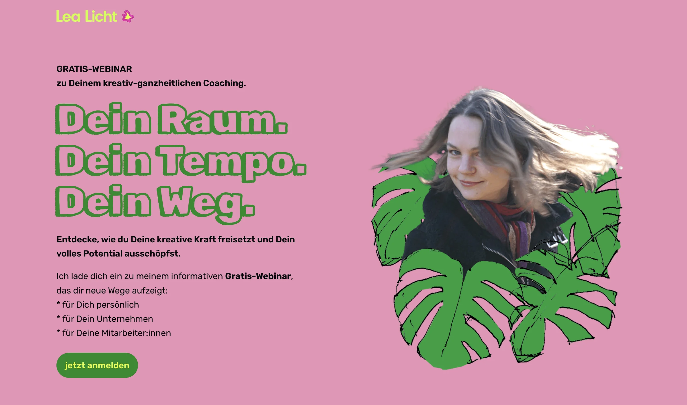 Landingpage-Konzept für das Gratis-Webinar von Lea Licht — Headline „Dein Raum. Dein Tempo. Dein Weg.