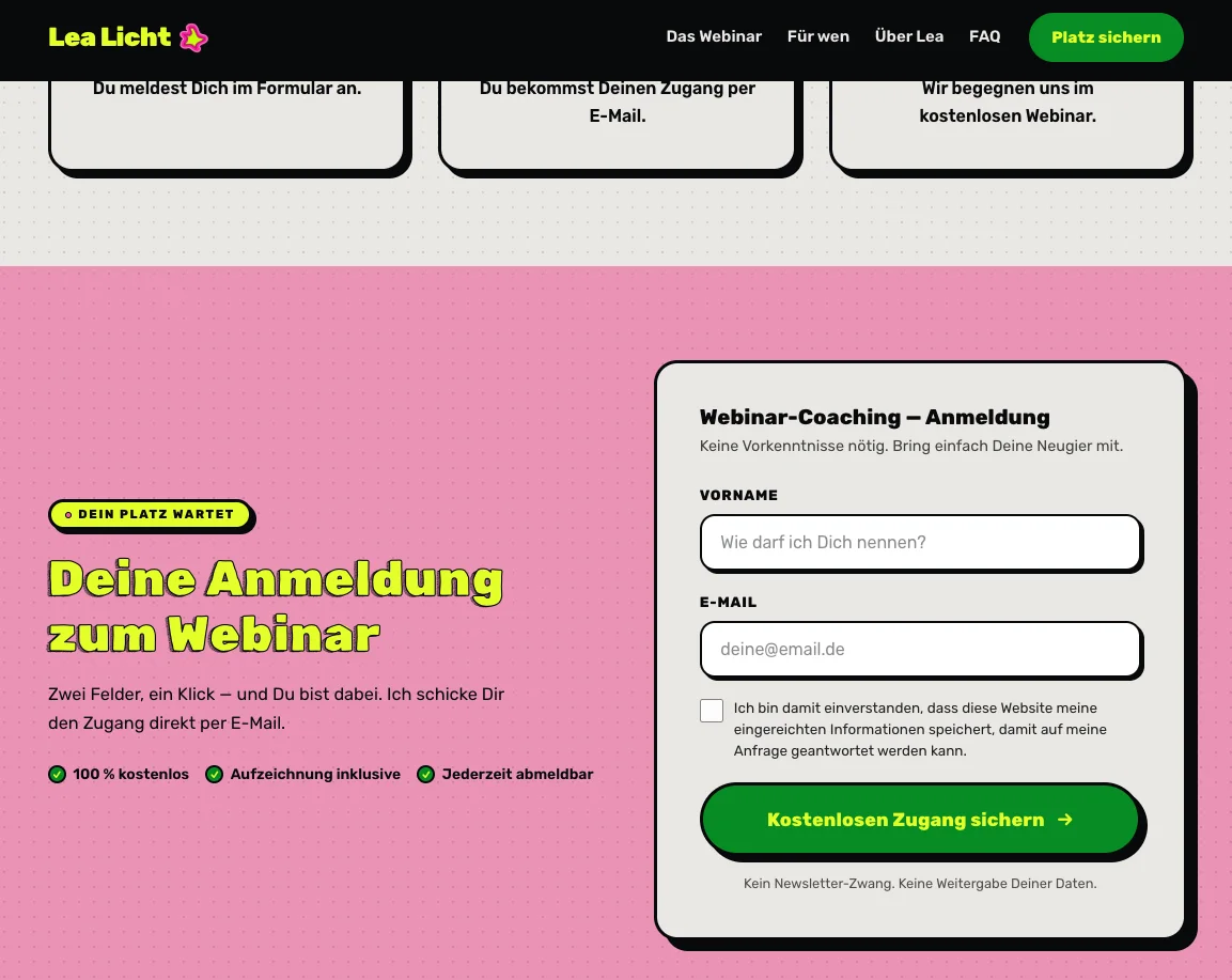 Landingpage-Abschnitt „Deine Anmeldung zum Webinar“ — Anmeldeformular mit Feldern für Vorname und E-Mail und grünem Button „Kostenlosen Zugang sichern“
