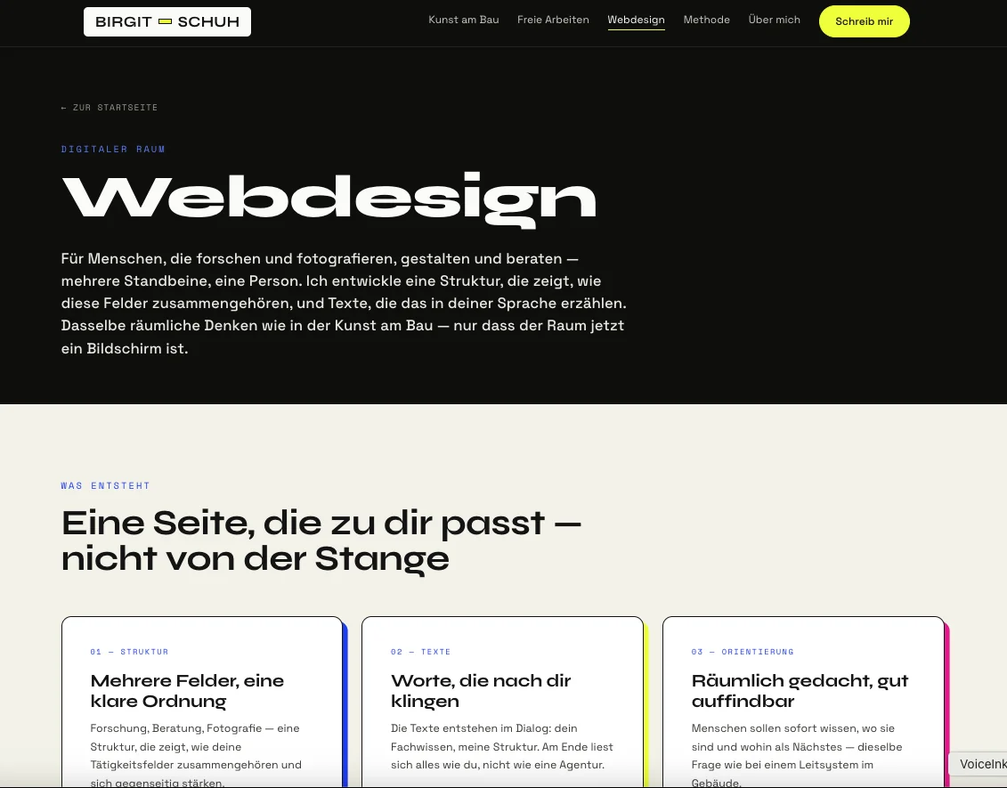 Bereichsseite Webdesign auf birgit-schuh.de — Hero „Webdesign“ und Karten „Eine Seite, die zu dir passt — nicht von der Stange“