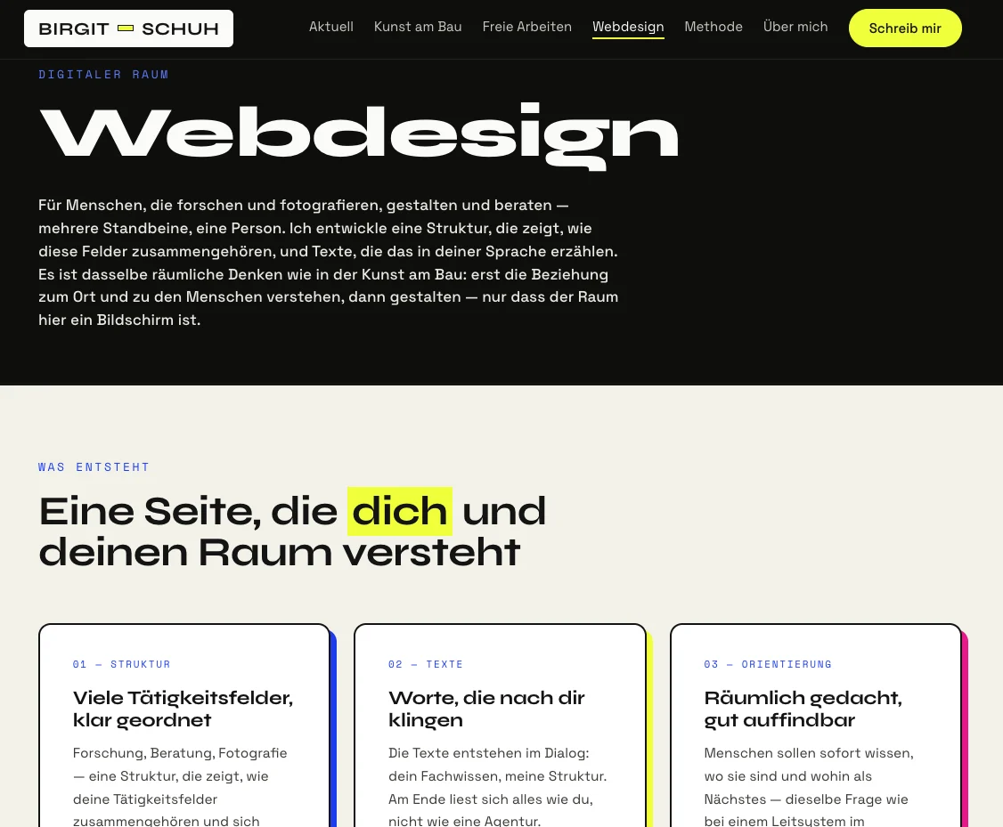 Bereichsseite Webdesign auf birgit-schuh.de — Hero „Webdesign“ und Karten „Eine Seite, die zu dir passt — nicht von der Stange“